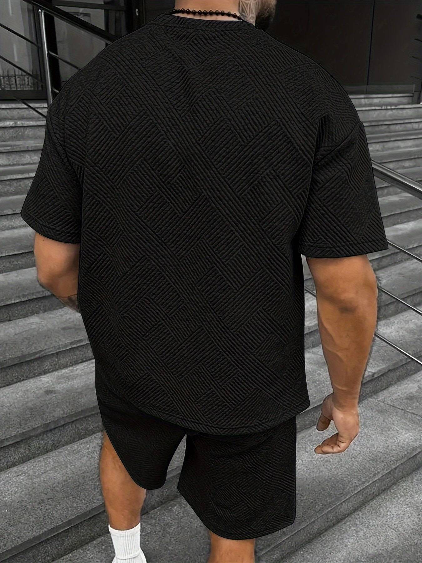 Men's Summer Two-Piece Set, Dark Stripe Texture Short Sleeve Shirt and Matching Shorts, Casual Polyester Outfit for Beach or Daily Wear