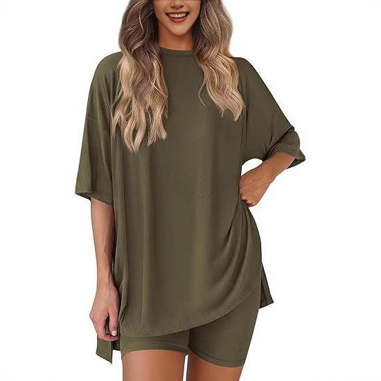 Women’s Two Piece Set Crew Neck Top and Loose Shorts