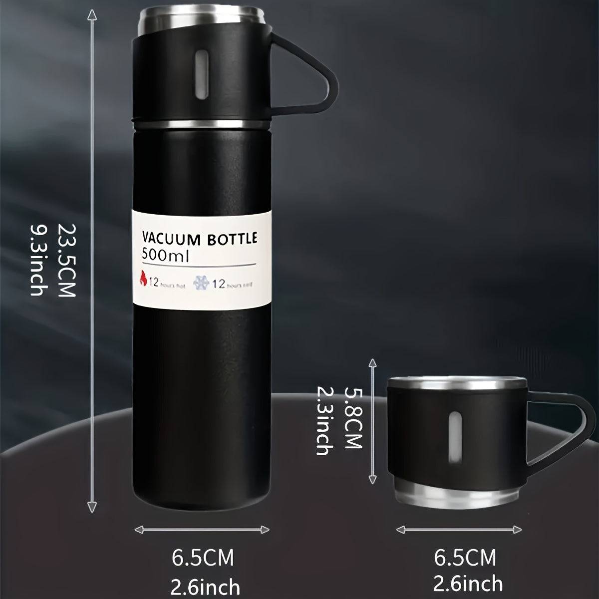 Black insulated stainless steel bottle set with 500ml flask and cup dimensions, ideal for school, office, or travel use with thermal retention.