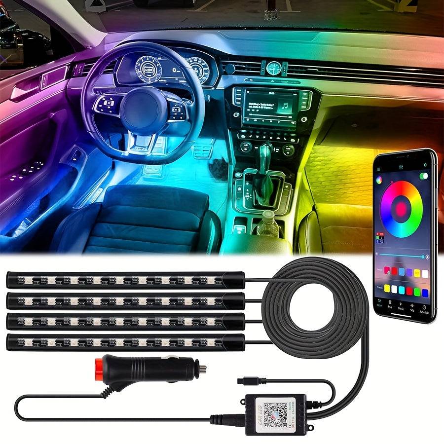4-Piece RGB Car LED Light Strips Universal Interior Base Lights with APP, Music Mode & Remote Control Decorative Lighting for Travel, Camping & Holidays