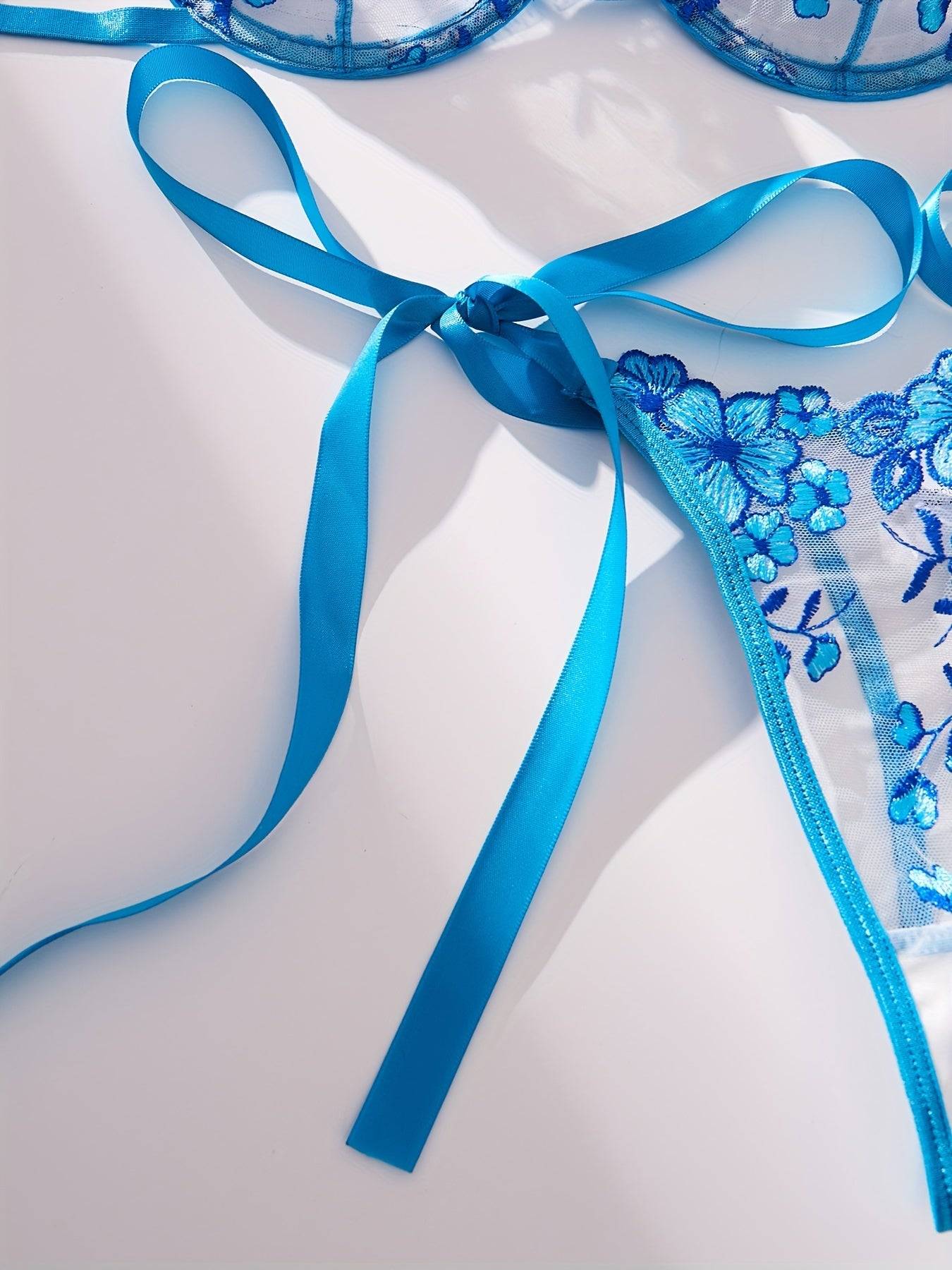 Women's Mesh Floral Embroidery Lingerie Set – Transparent Bra with Strap Design & Matching Underwear