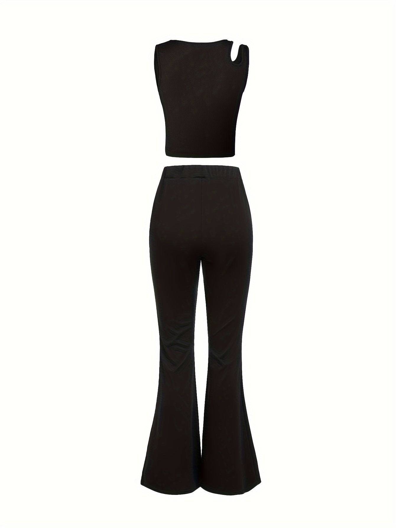Women’s Slim Fit Pantsuit Set – Cut-Out Sleeveless Top & High Waist Flared Pants, Solid Color 2-Piece Outfit for Elegant & Night Out Looks