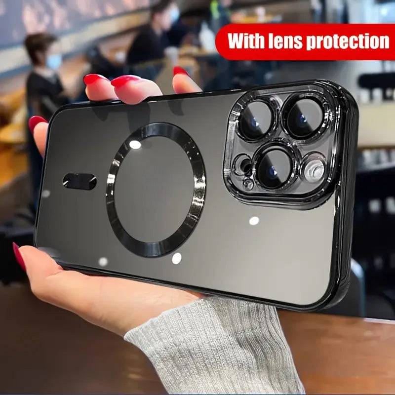 Magnetic iPhone Case with Electroplated Finish – Clear TPU Shockproof Cover with Wireless Charging & Lens Film Protector for iPhone Models