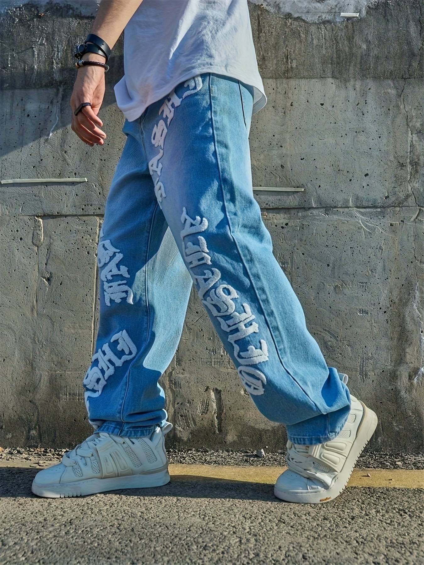 Men’s Loose Fit Jeans Light Blue Streetwear Style Straight-Leg Nonstretch Denim with Letter Print