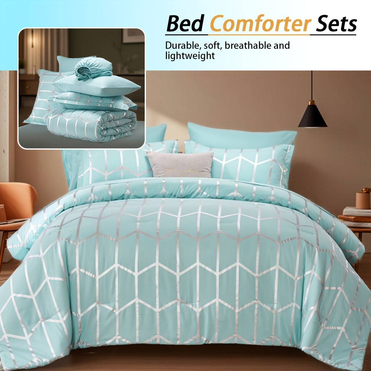 5/7-Piece Golden Foil Comforter Set, Soft Microfiber Queen Bedding with Pillowcases and Sheets, All-Season Easy-Care