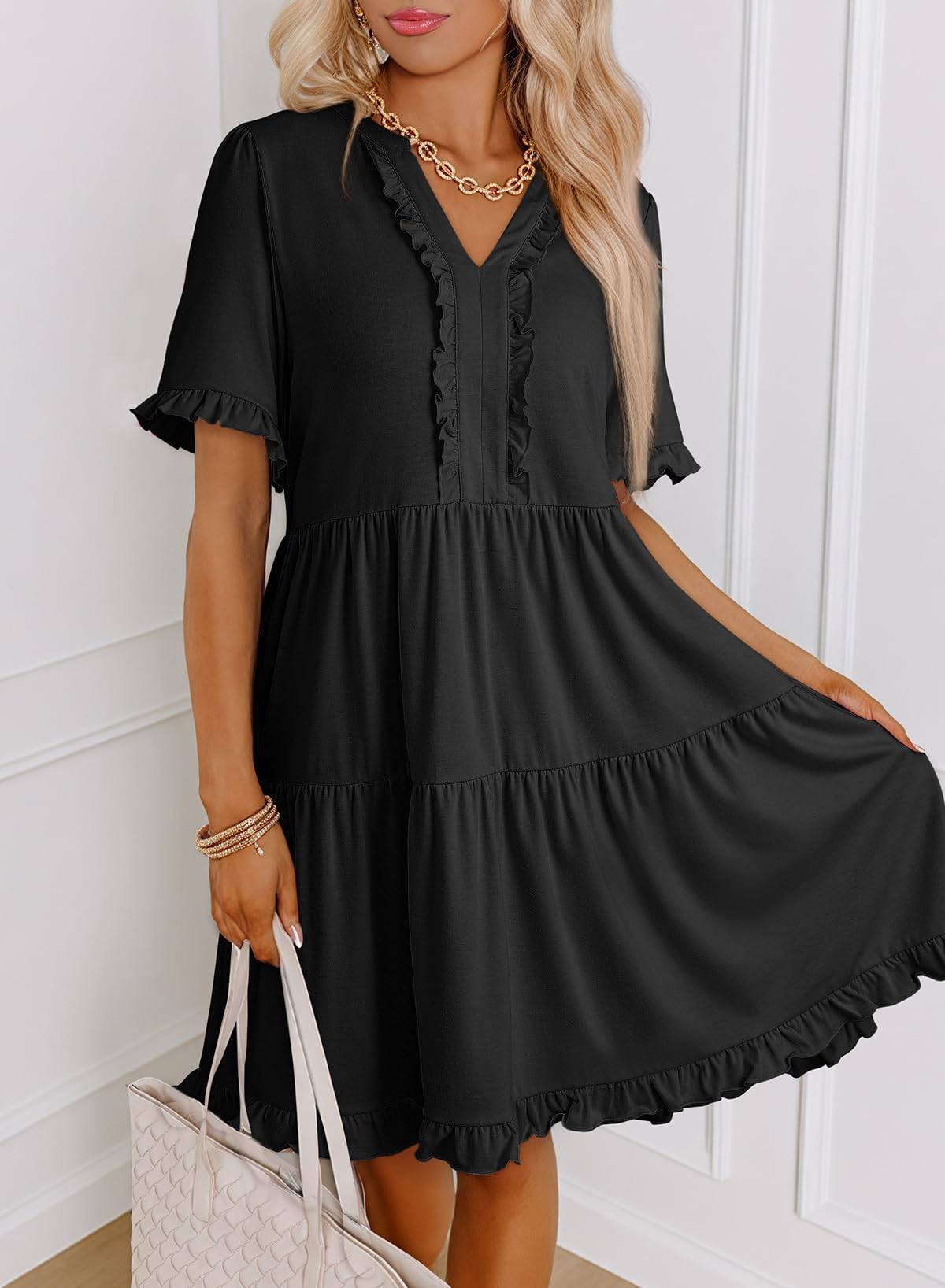 V Neck A Line Mini Dress For Women With Ruffle Detail