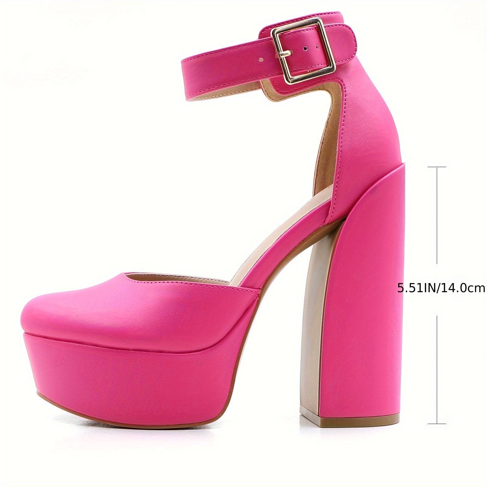 Women's Pink Platform Mary Jane Pumps, Chunky Block Heel with Adjustable Strap, Closed Toe PU High Heels for Parties and Weddings