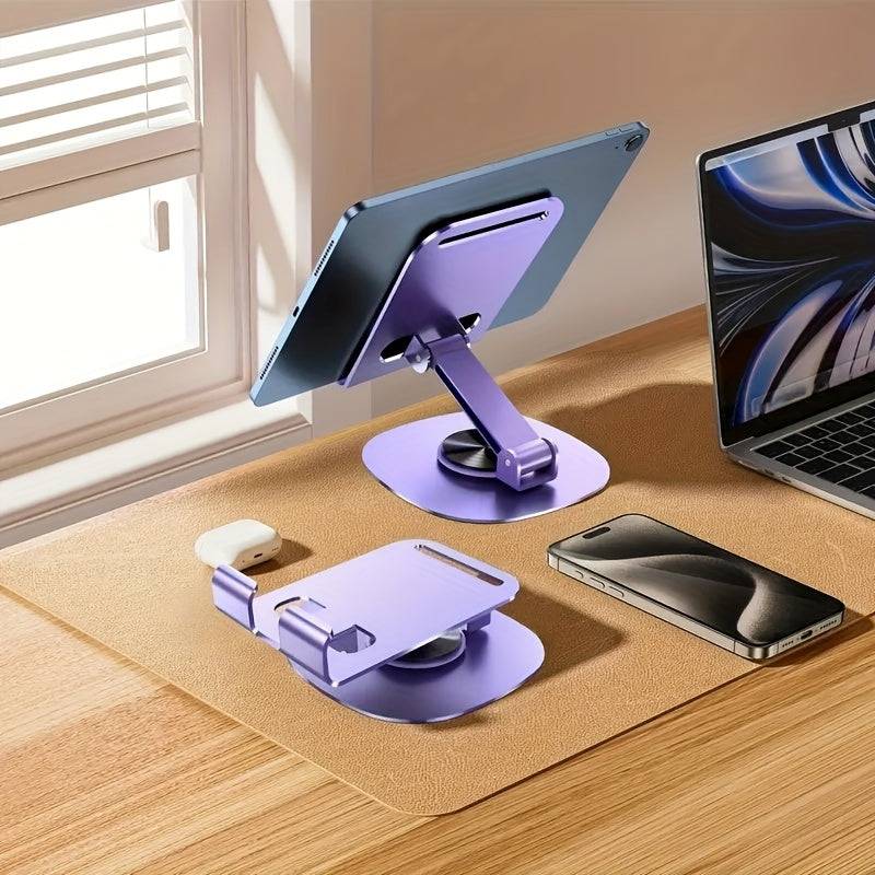 Metal desktop phone stand with 360° rotating base, foldable design, silicone pads, and mechanical click
