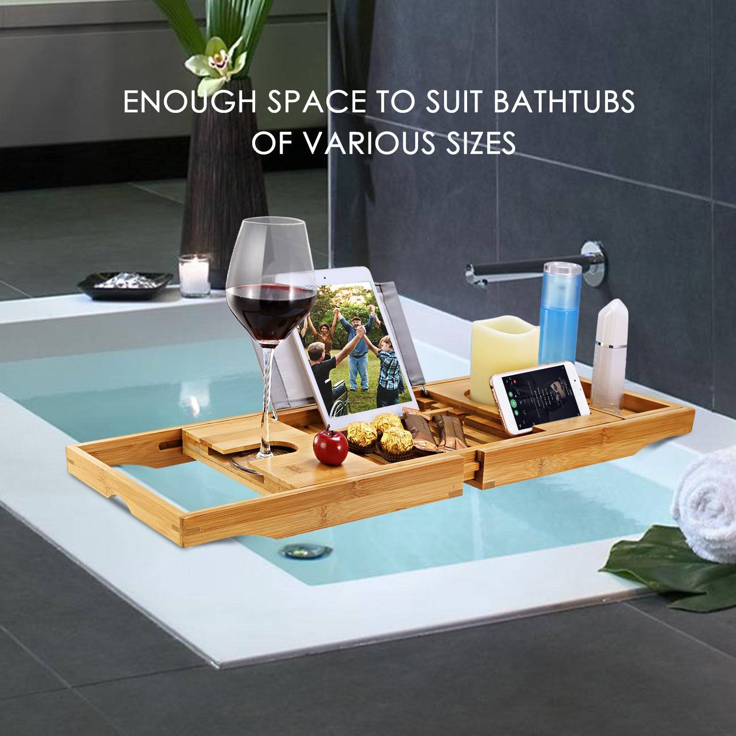 Extendable Bamboo Bath Tray with Holder