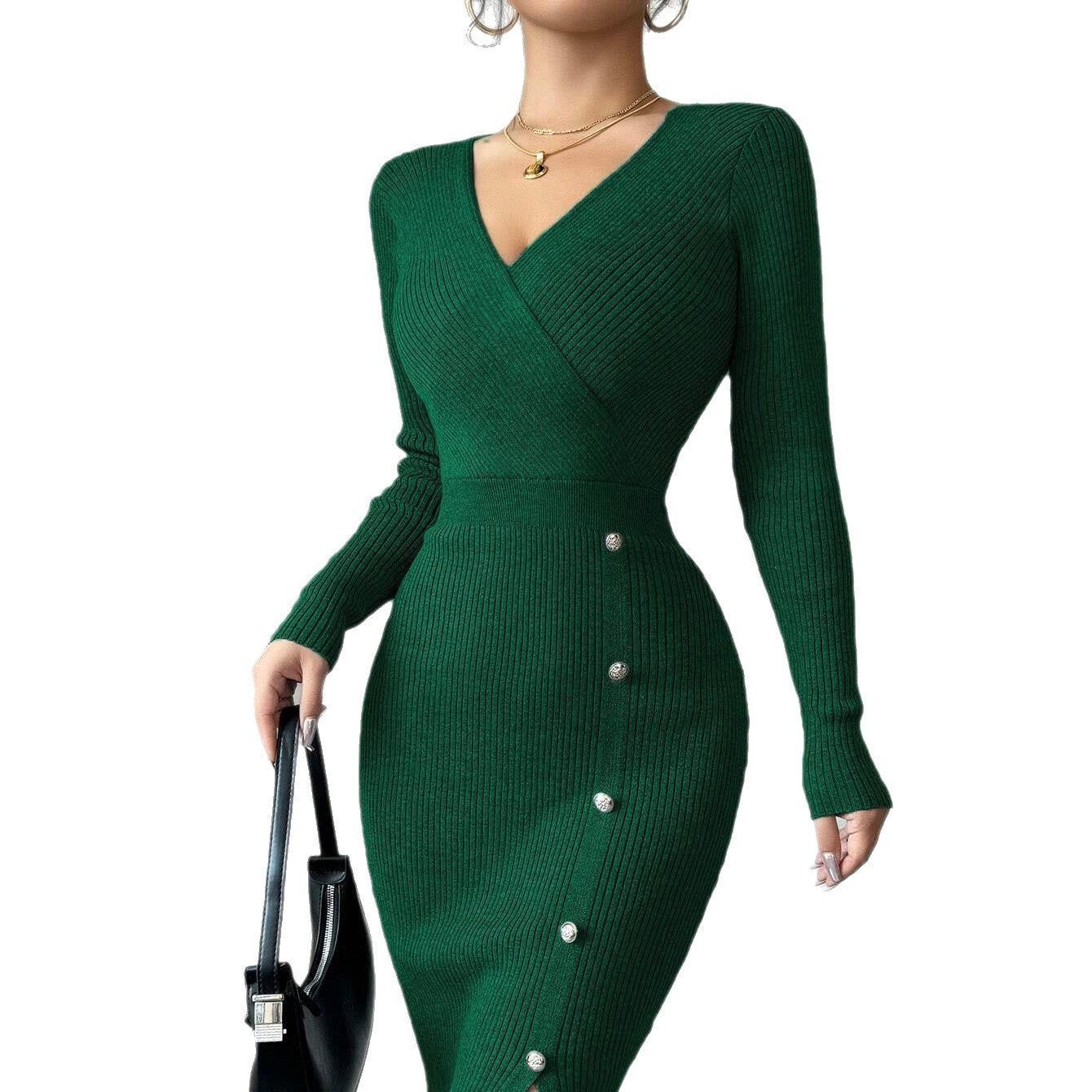 French Knit Bodycon Dress High Waist Long Sleeve Midi