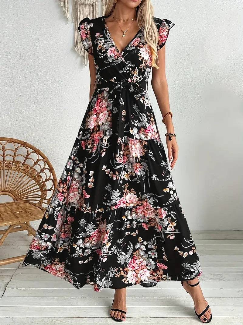 Womens Floral Midi Dress Elegant Casual Black Polyester