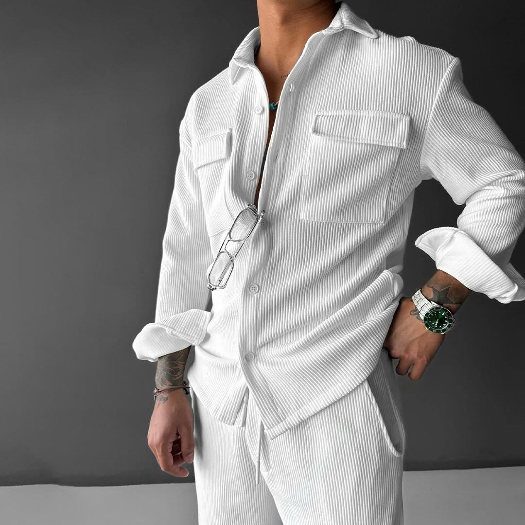 Men’s Long Sleeve Shirt Solid Color Loose Fit Lapel Cardigan Style Polyester Casual Top