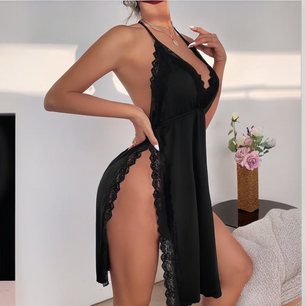 Black Lace Halter Dress with Elegant Side Slit