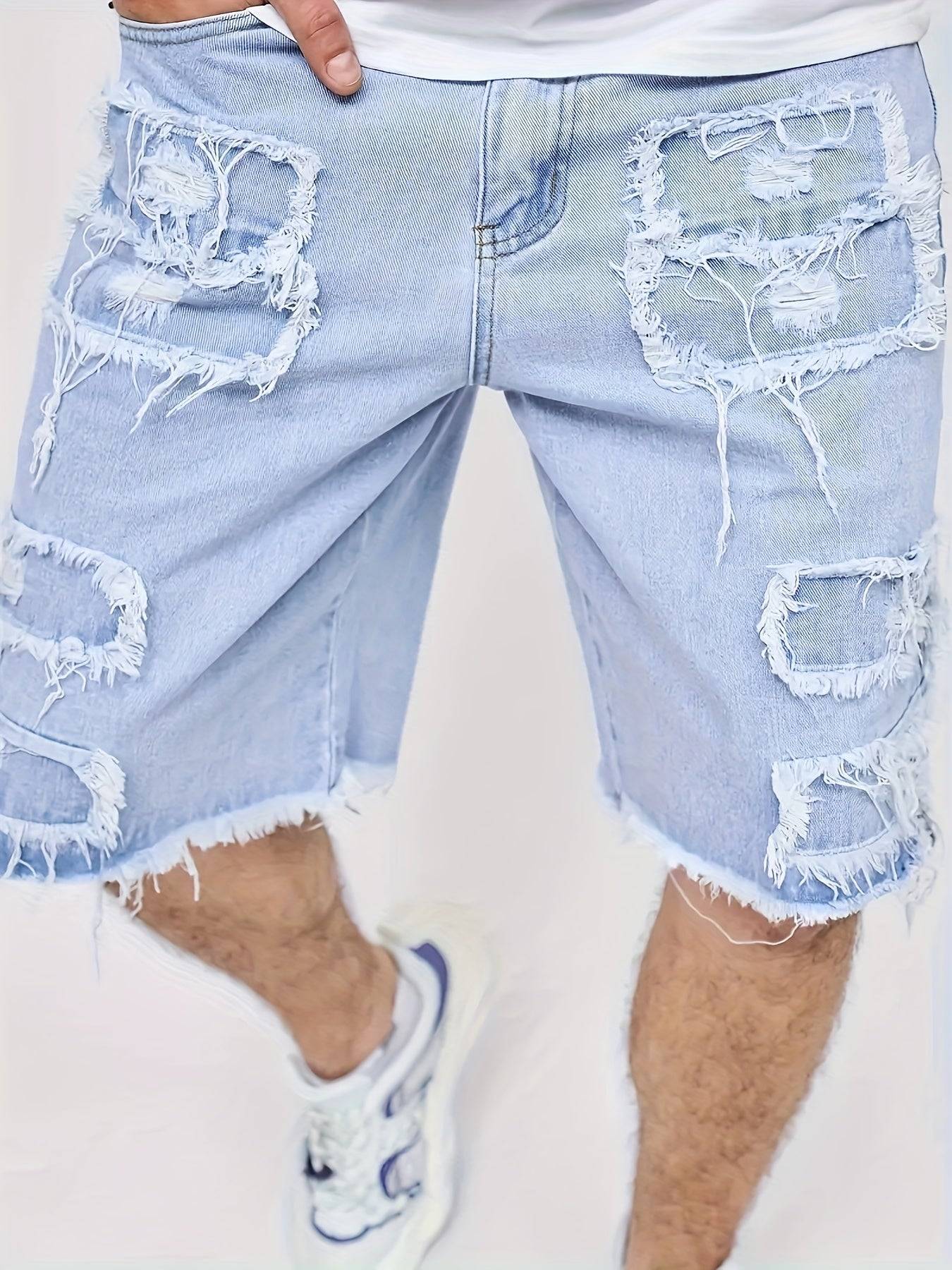 Men’s Summer Denim Shorts Distressed Ripped Design with Raw Hem Cotton Blend, Machine Washable
