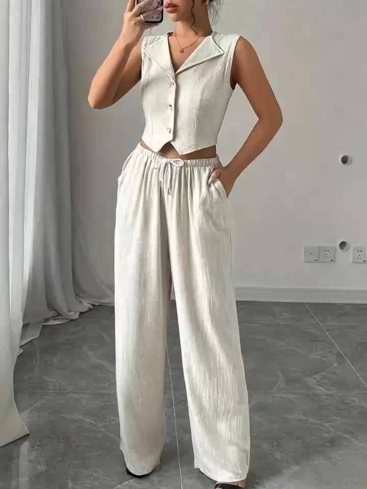 Women’s Two-Piece Set – Sleeveless Blazer Collar Top & Casual Pants for Work, Outings & Holidays