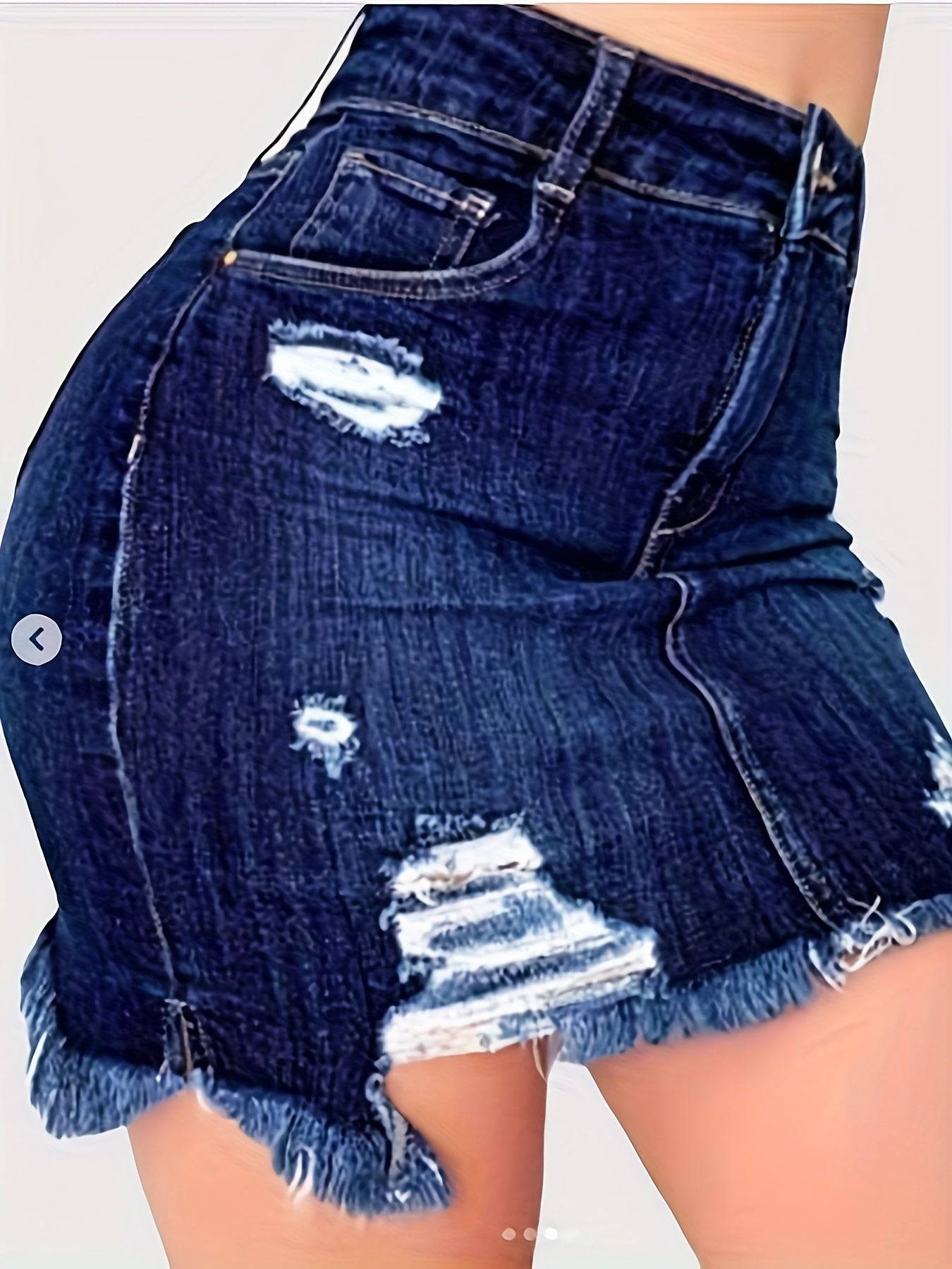 Side angle of blue washed high-waisted denim skirt with ripped details and frayed hem, styled for casual 3-season wear.