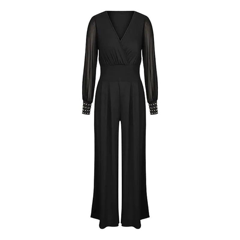 Mesh V Neck Jumpsuit with Wide Leg Silhouette