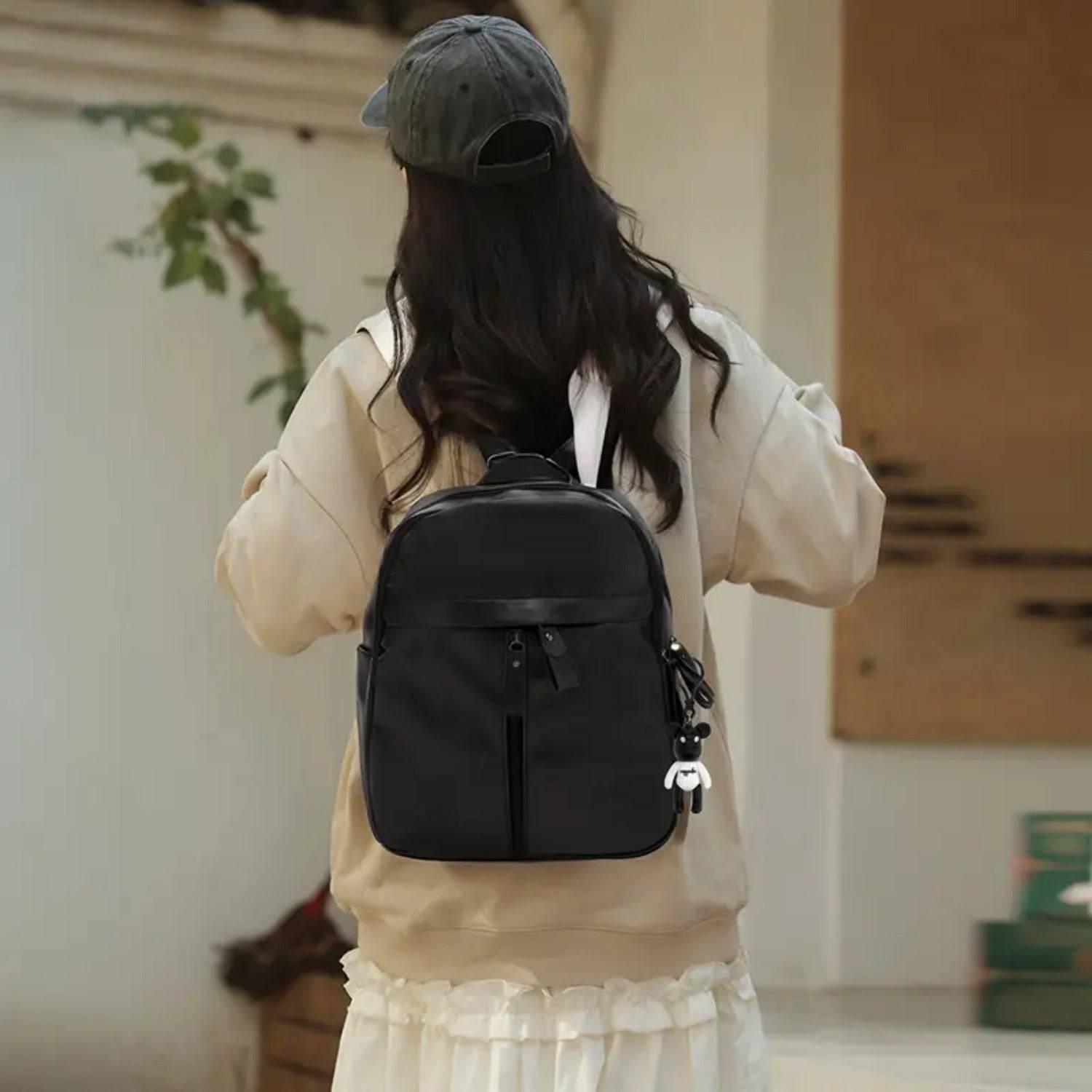 Solid Color Backpack with Double Straps Large Capacity, Zipper Closure & Cute Bear Pendant for Travel, School & Daily Use