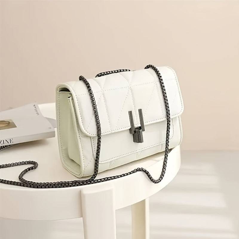 Small Black Belt Bag with Chain Strap – Scottish Pattern, Lock Closure, Faux Leather, Light Luxury Style