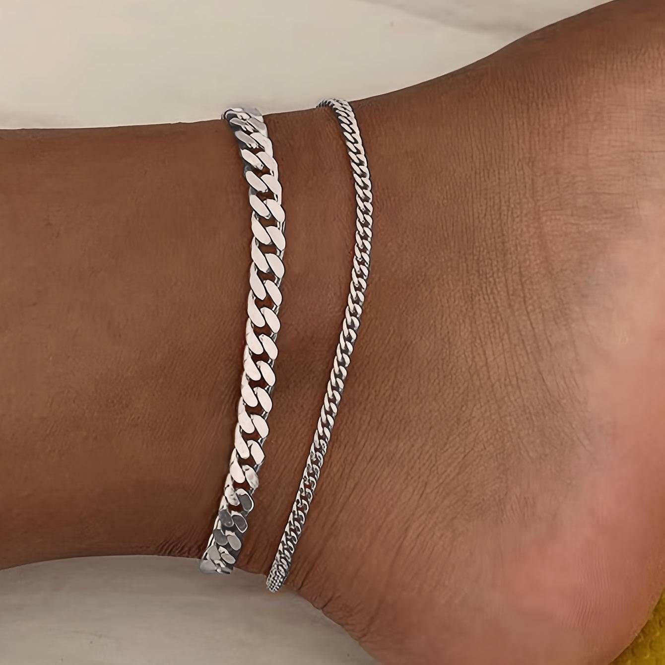 2-Piece Stainless Steel Women’s Anklet Set Double-Layer Cuban Chain for Daily Wear & Vacation