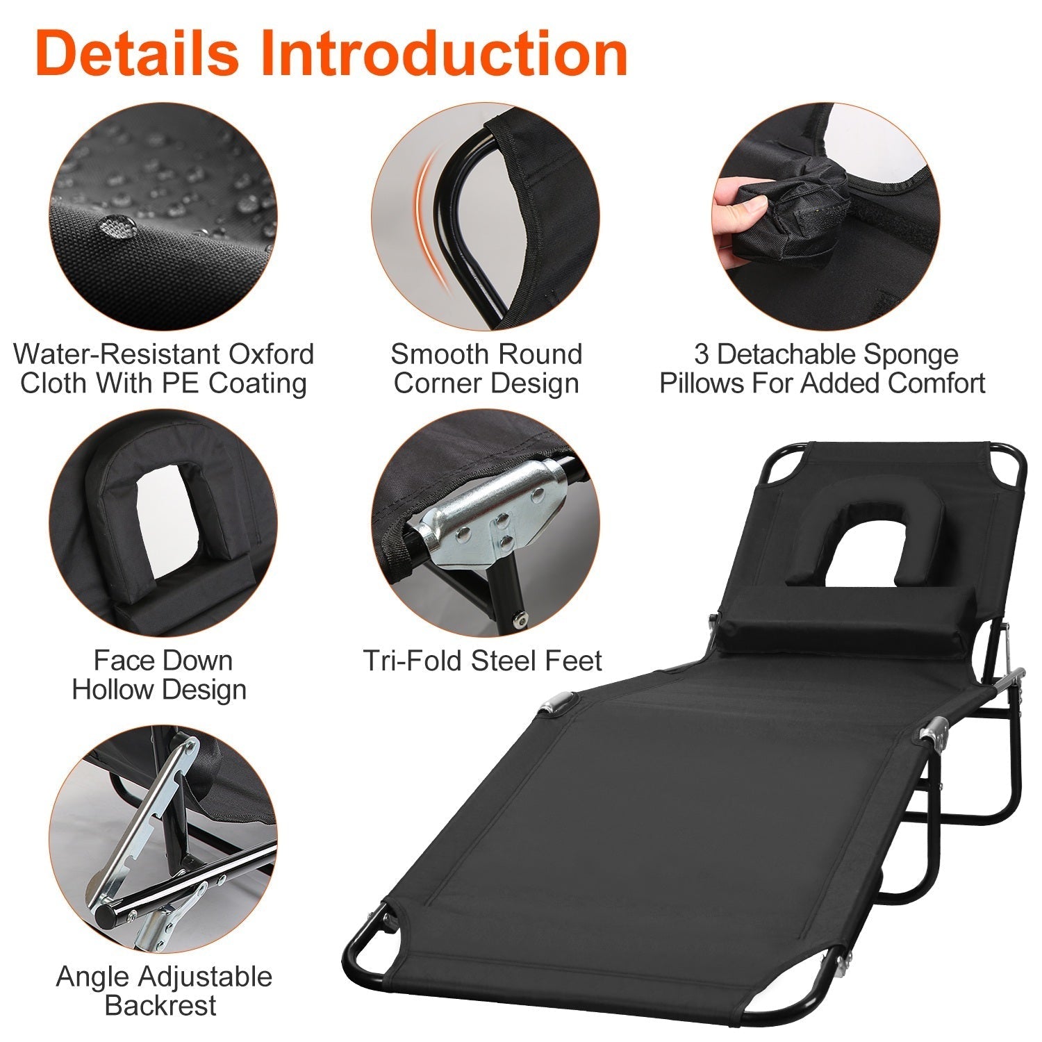 Folding Beach Lounge Chair with Face Hole 5-Position Adjustable Recliner 3 Removable Pillows 265 lbs Max Load