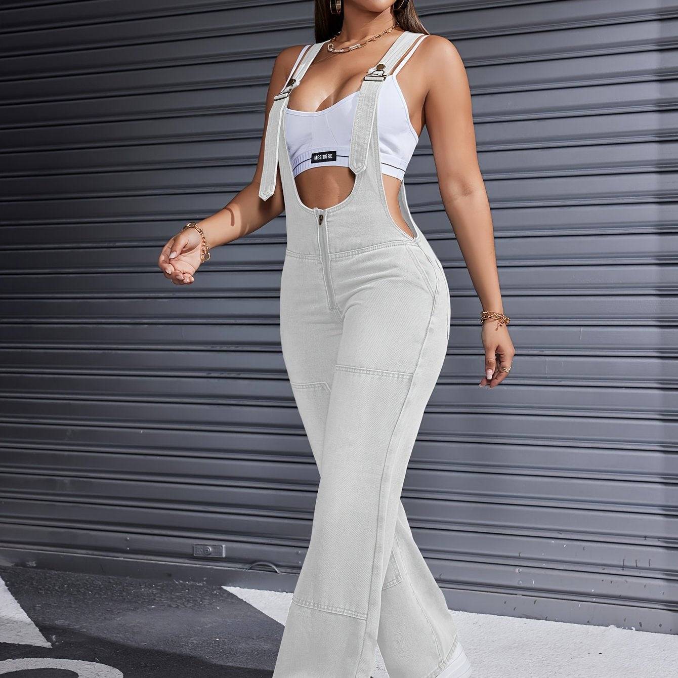 Women’s Denim Jumpsuit Adjustable Straps Loose Fit Wide-Leg Overalls for Summer & Autumn