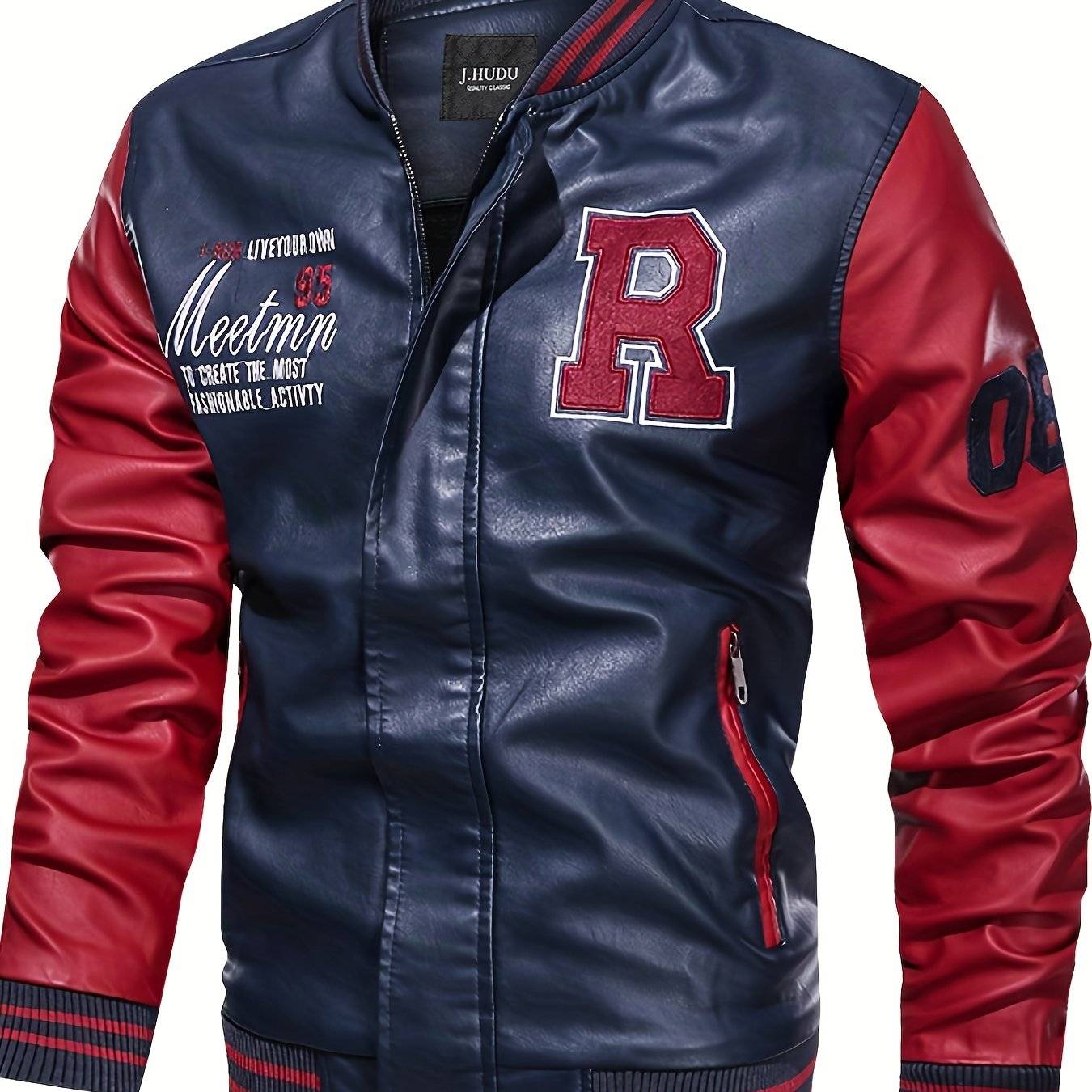 Plus Size Men’s PU Baseball Jacket with Letter “R” Print, Oversized Punk Raglan Design for Big & Tall, Spring & Autumn Wear