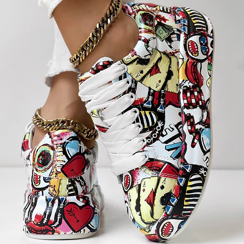 Casual Lace Up Sneakers with Thick Sole and Print Design