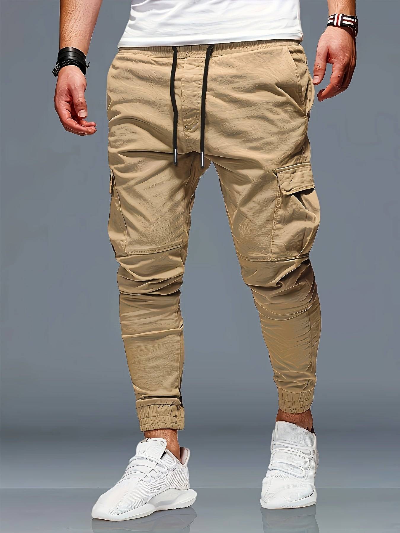 3pcs men's drawstring jogger pants with elastic waist, multi-pocket, regular fit, solid color for gym and casual use
