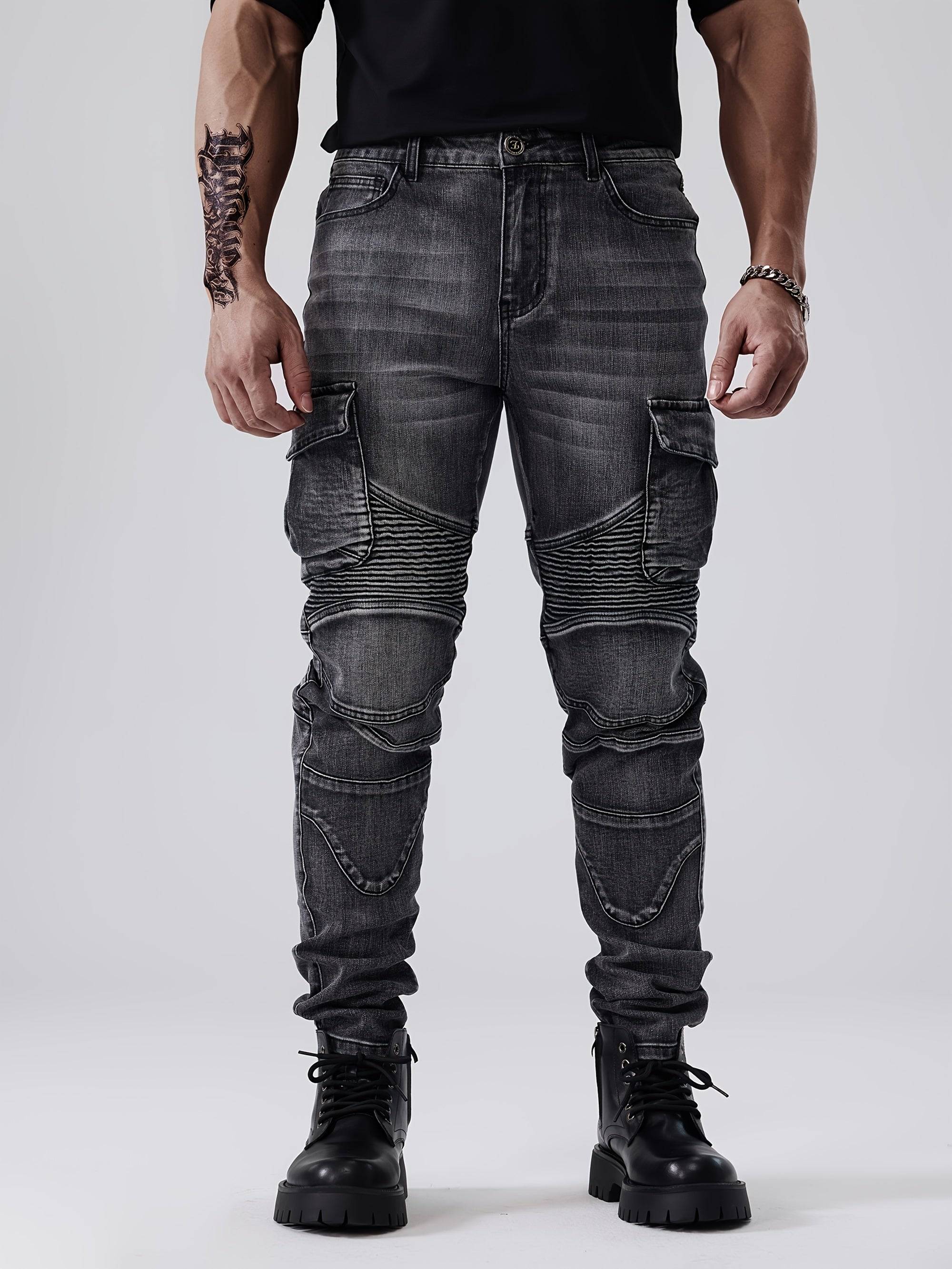 Men’s Slim Fit Stretch Jeans Straight-Leg Multi-Pocket Streetwear with Decorative Stitching