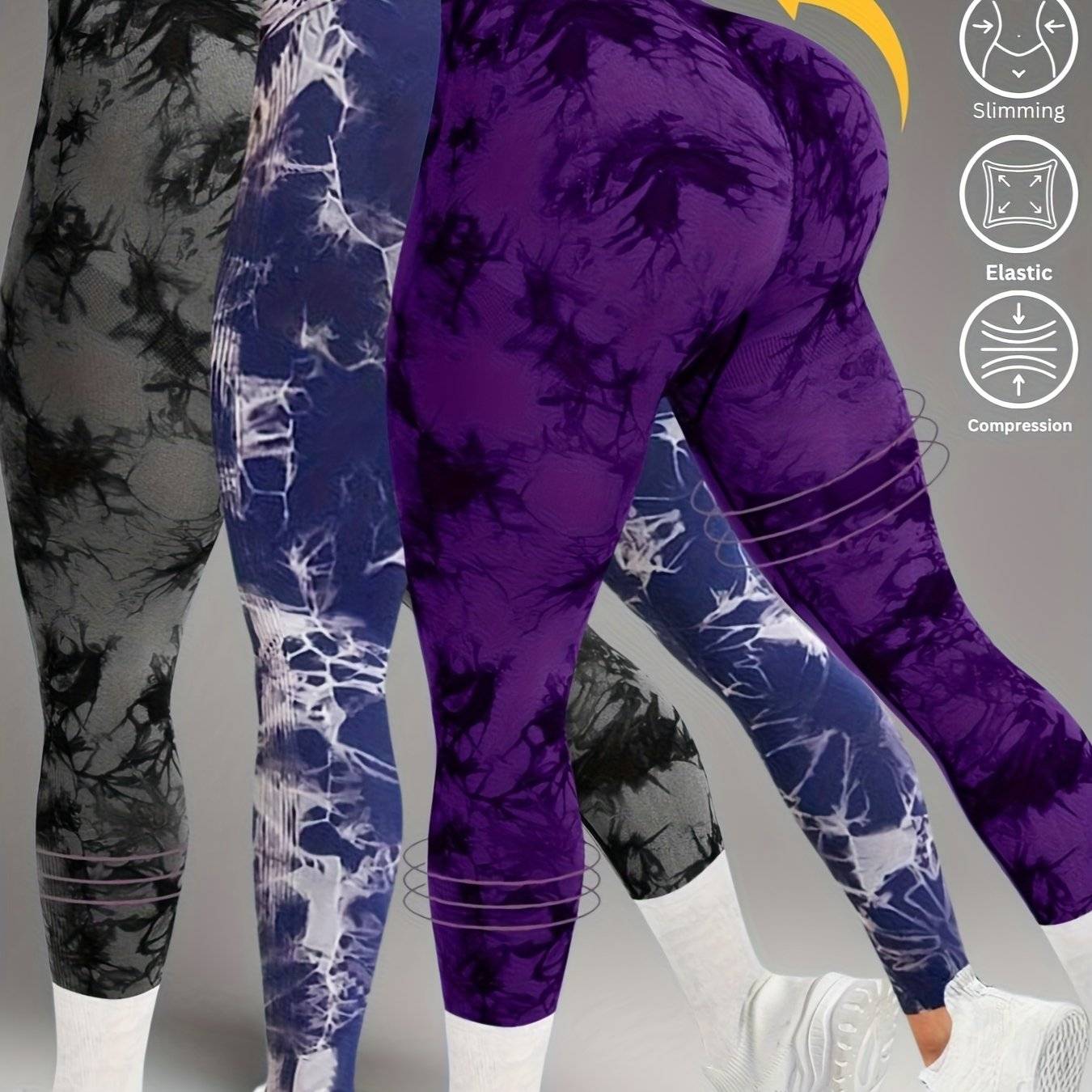 3-Pack Women's High-Waisted Tie-Dye Leggings, Seamless Butt-Lifting Tummy Control Pants with Wide Waistband, Compression Fit for Gym and Daily Wear