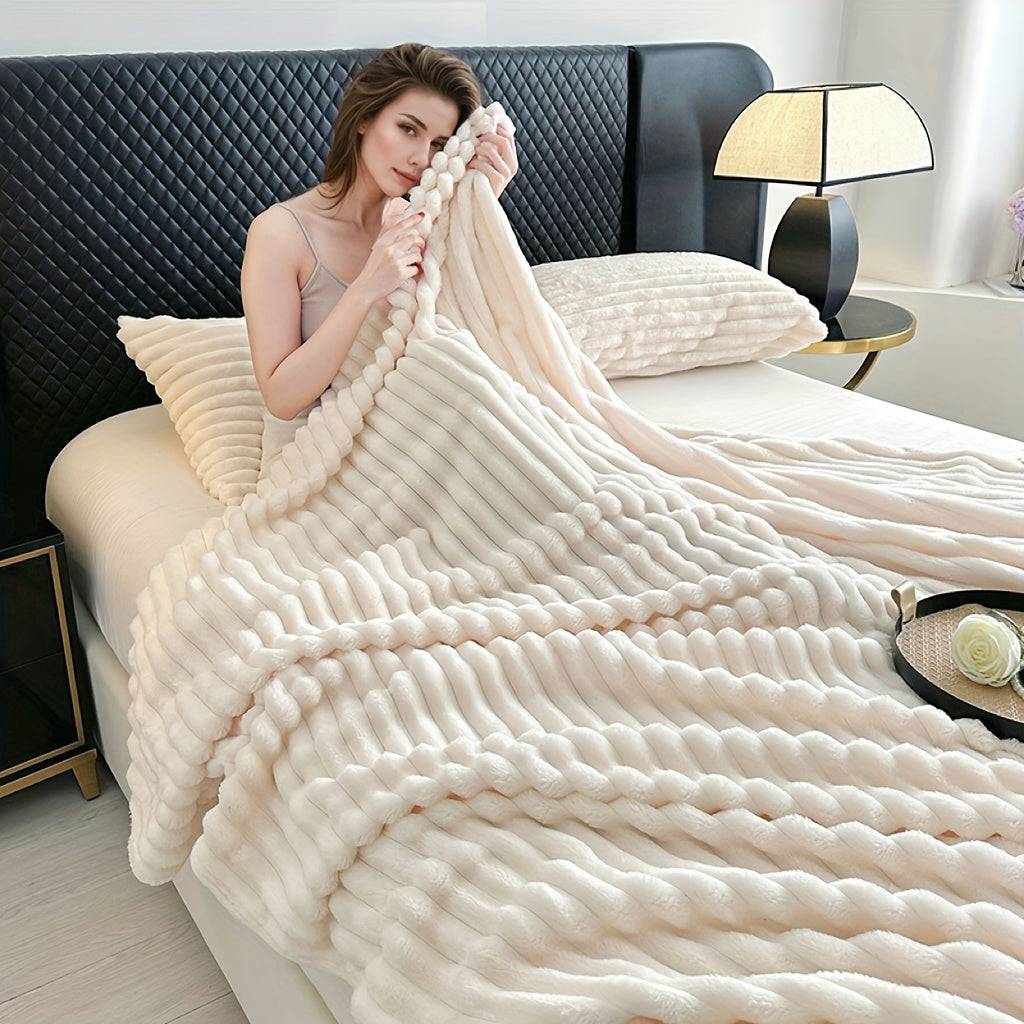 Plush Throw Blanket for 2-Seater Sofas – Ultra-Soft Beige Striped Fleece, All-Season, Elastic Fit for Living Room & Bedroom
