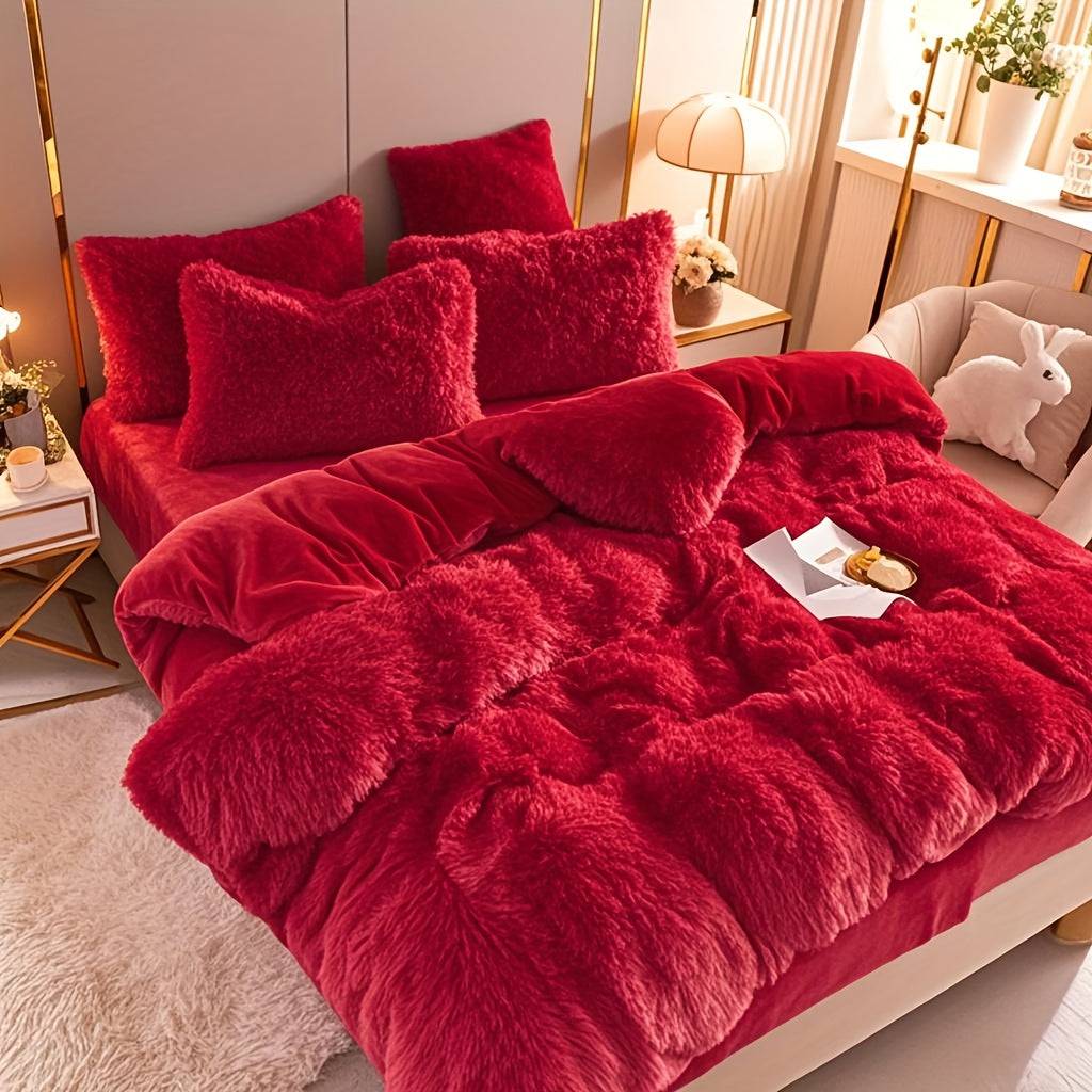 4-Piece Fluffy Bedding Set, Soft Comforter Set with Duvet Cover, Bed Sheet and 2 Pillowcases, Queen/King Size