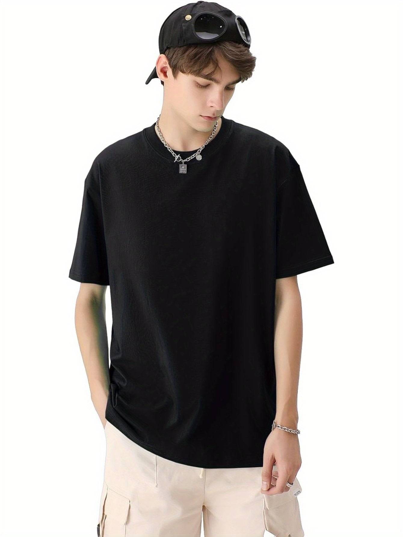 3pcs Men’s Oversized Crew Neck T-Shirts, Unisex Solid Color Cotton Tops with Short Sleeves, Lightweight & Breathable