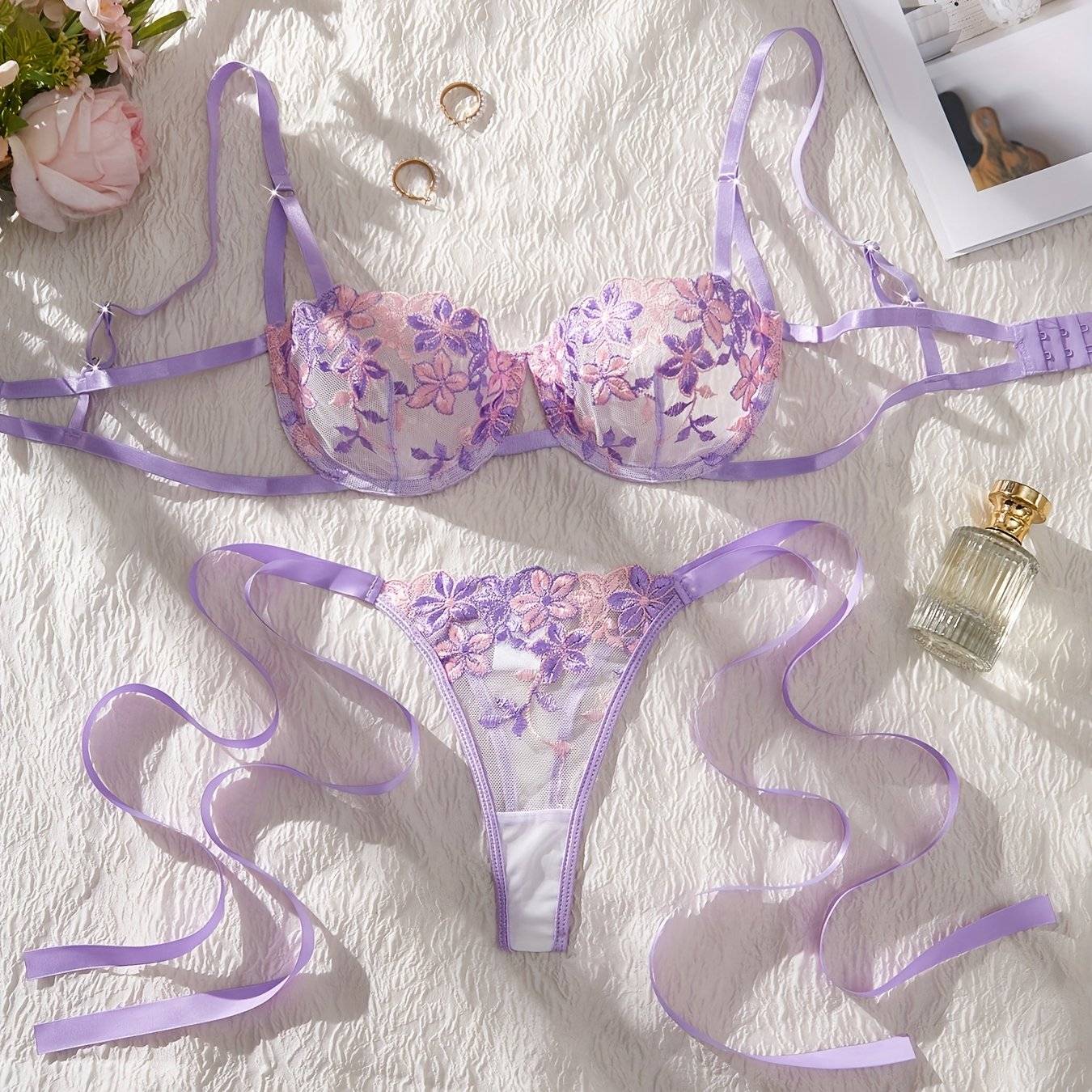 Women's Mesh Floral Embroidery Lingerie Set – Transparent Bra with Strap Design & Matching Underwear