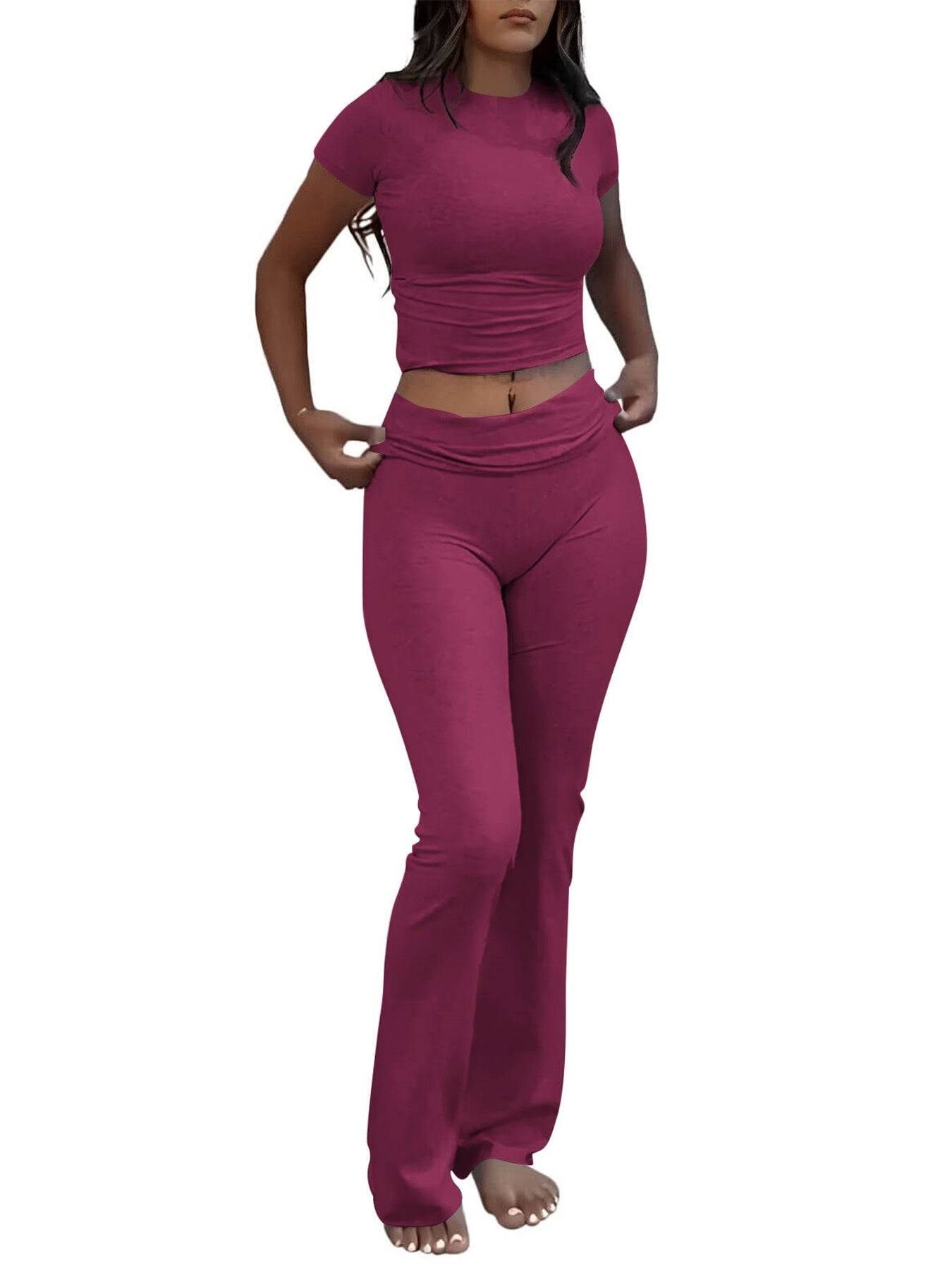 Womens Two Piece Set Slim Fit Crewneck Tee and Flared Pants