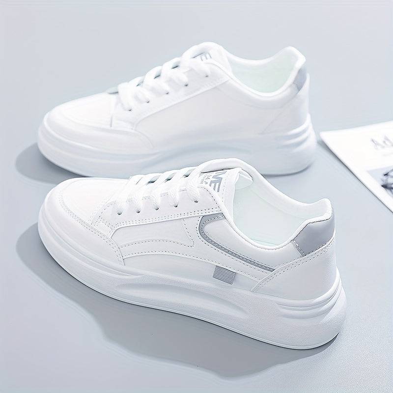 Women’s All-Season Lace-Up Sneakers – White Casual Shoes with Round Toe, Thick Platform Sole & Durable PVC Outsole