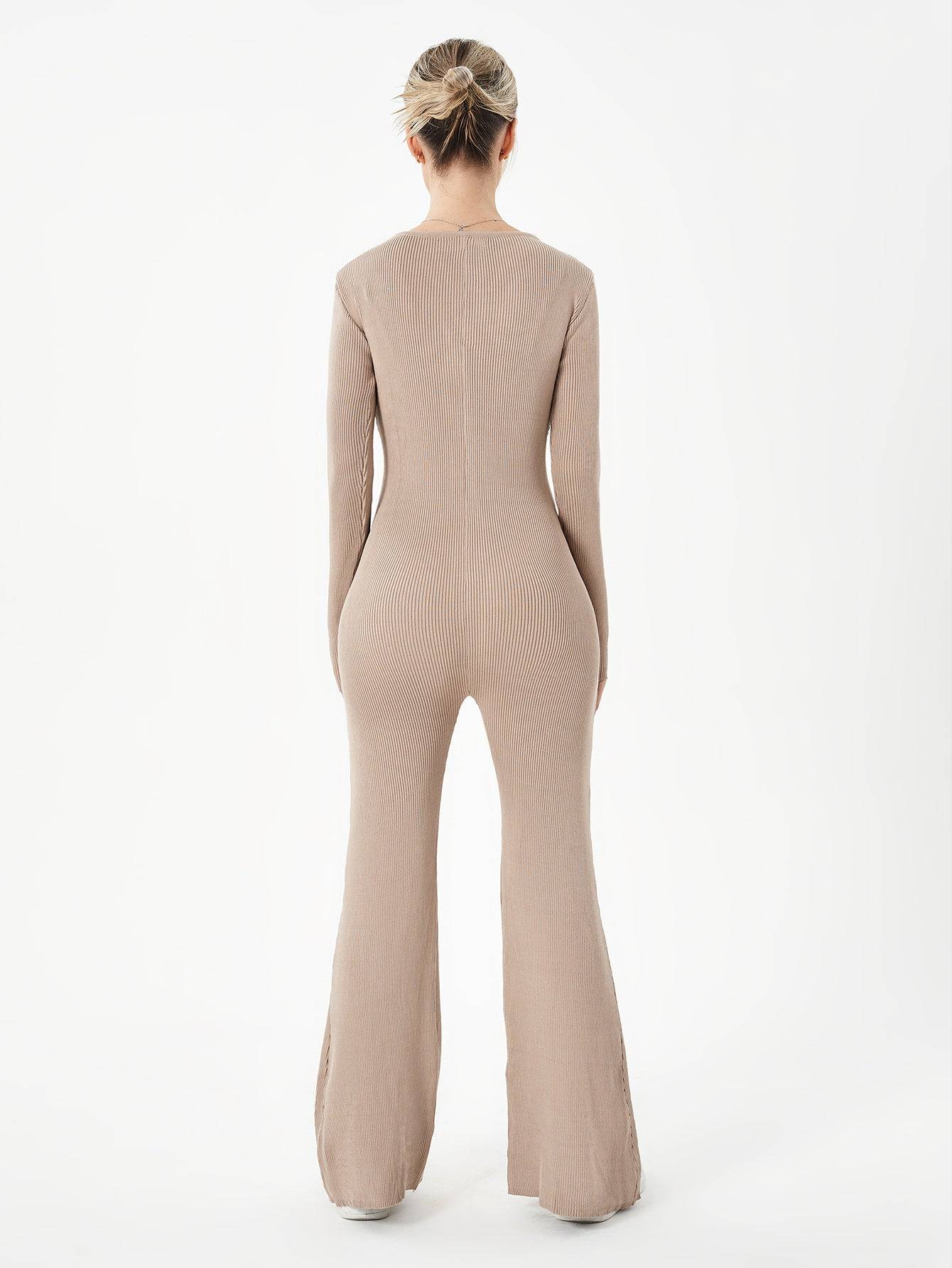 Women Jumpsuit Two Piece Zipper Top Flared Trousers Set