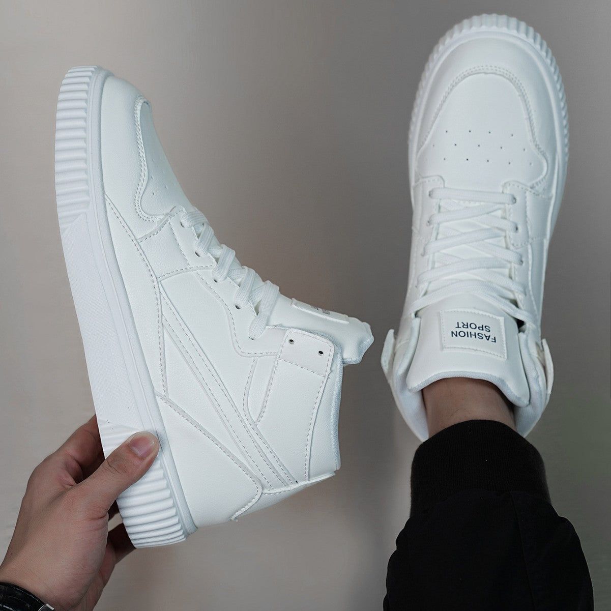 Men’s Casual Microfiber Shoes for Autumn and Winter, Solid White, Round Toe, Versatile Style