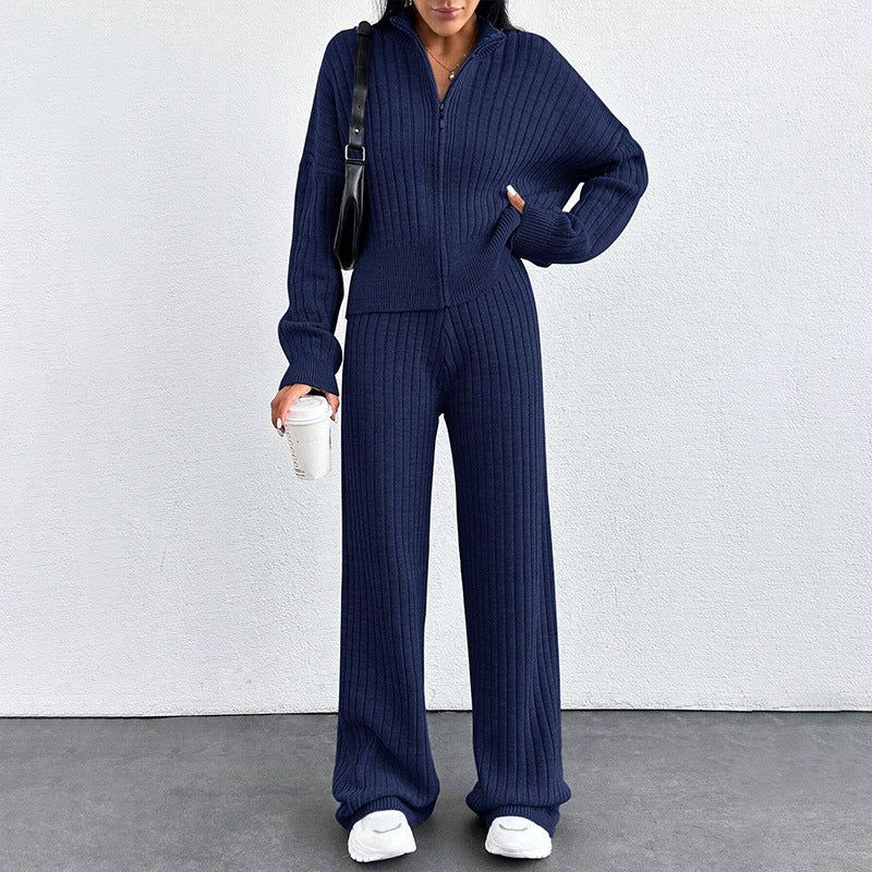Women's Casual Two-Piece Set for Fall and Winter, Loose Fit Zip-Up Top and Pants