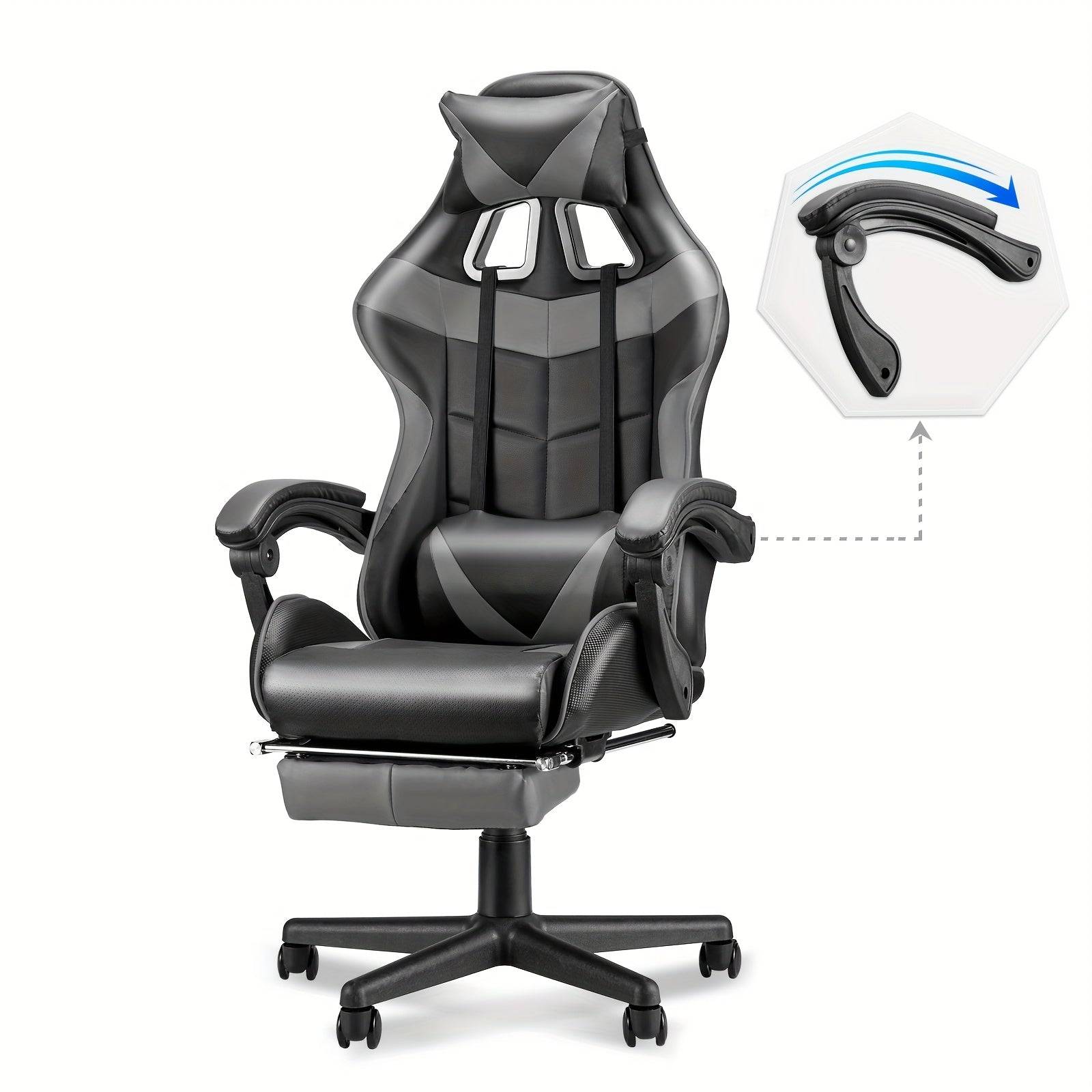 Gray and black ergonomic gaming chair with massage and adjustable reclining armrest, designed for immersive gaming sessions.