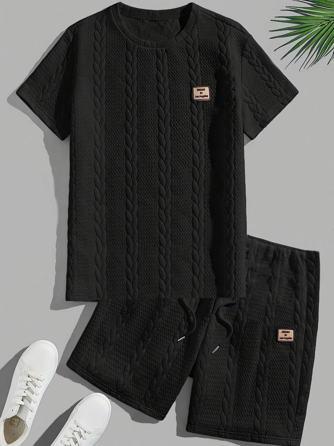 Men's Summer Two-Piece Set, Solid Color Jacquard T-Shirt with Round Neck and Matching Sports Shorts, Casual Outfit for Daily Wear