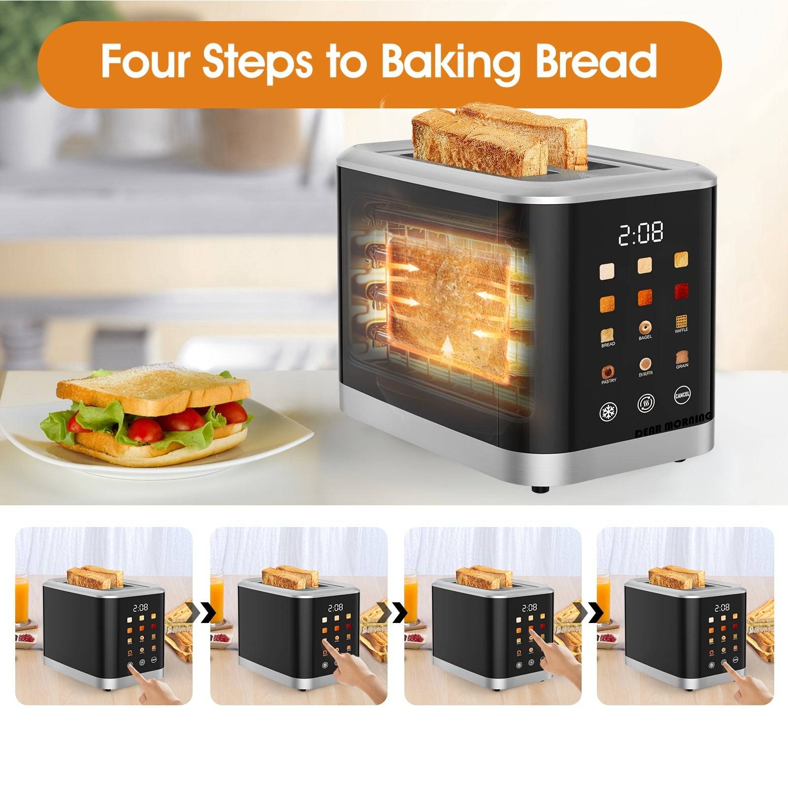 Touch Screen Digital Toaster – LCD Display, 6 Bread Types & Shade Settings, Extra-Wide Slots with Bagel, Cancel & Defrost Functions