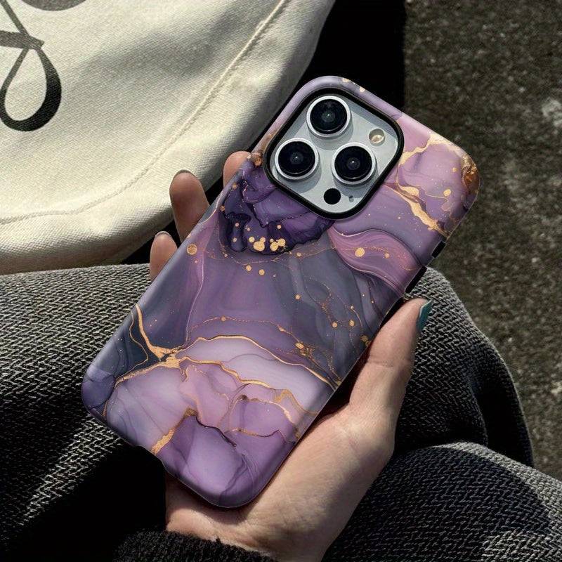 Purple Marble Phone Case Glossy 2-in-1 Design with Double Layer Protection Shockproof Cover for iPhone 7–16 Pro Max Models