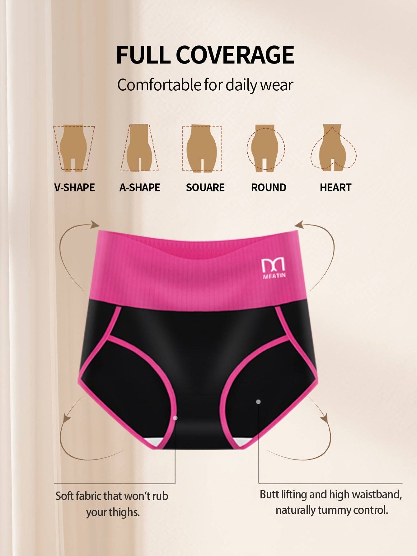 5pcs high-waist tummy control panties for women, contrast color briefs, soft stretch fabric, comfortable bikini fit