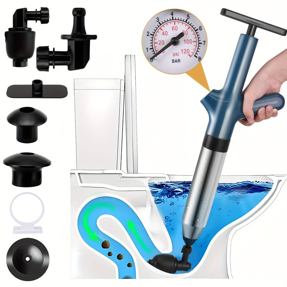High-Pressure Air Toilet Plunger with Real-Time Pressure Gauge Stainless Steel Drain Blaster for Clogs in Toilets, Sinks & Floor Drains No Battery Needed