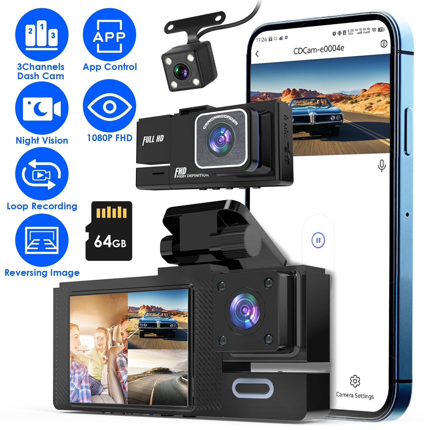 3 Channel Dash Cam 1080P WiFi with 64GB Card