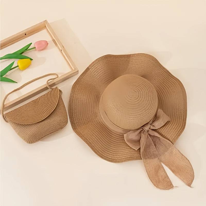 2-Pack Women’s Beach Set – Khaki Sun Hat & Woven Shoulder Bag for Summer Vacations