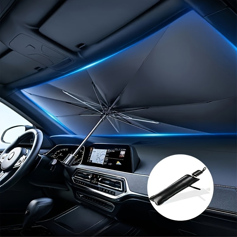 Foldable car windshield sun shade umbrella for front windows, blocks UV rays and heat, fits most car models