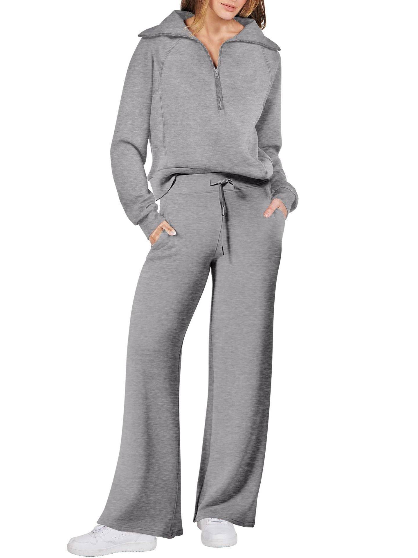 Two Piece Set Zip Sweatshirt Wide Leg Pants Suit